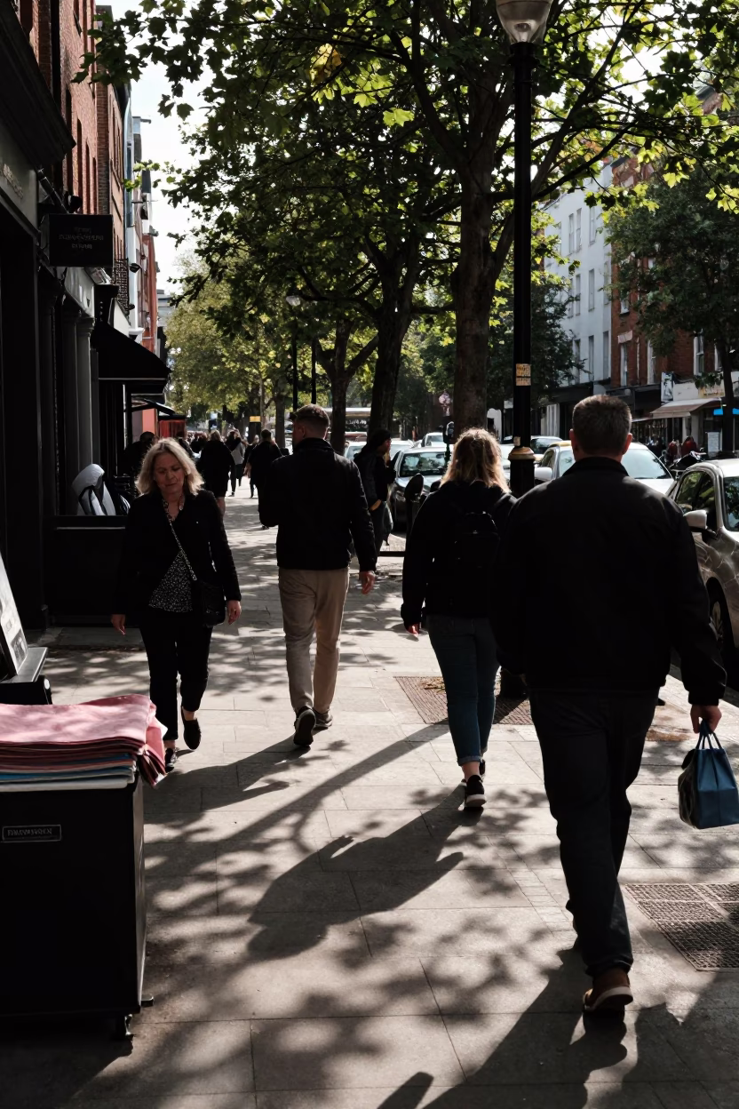 Busy Dublin Street Scene Early Afternoon with Vintage Bakelite Telephone and Local Details in in Dublin, Ireland