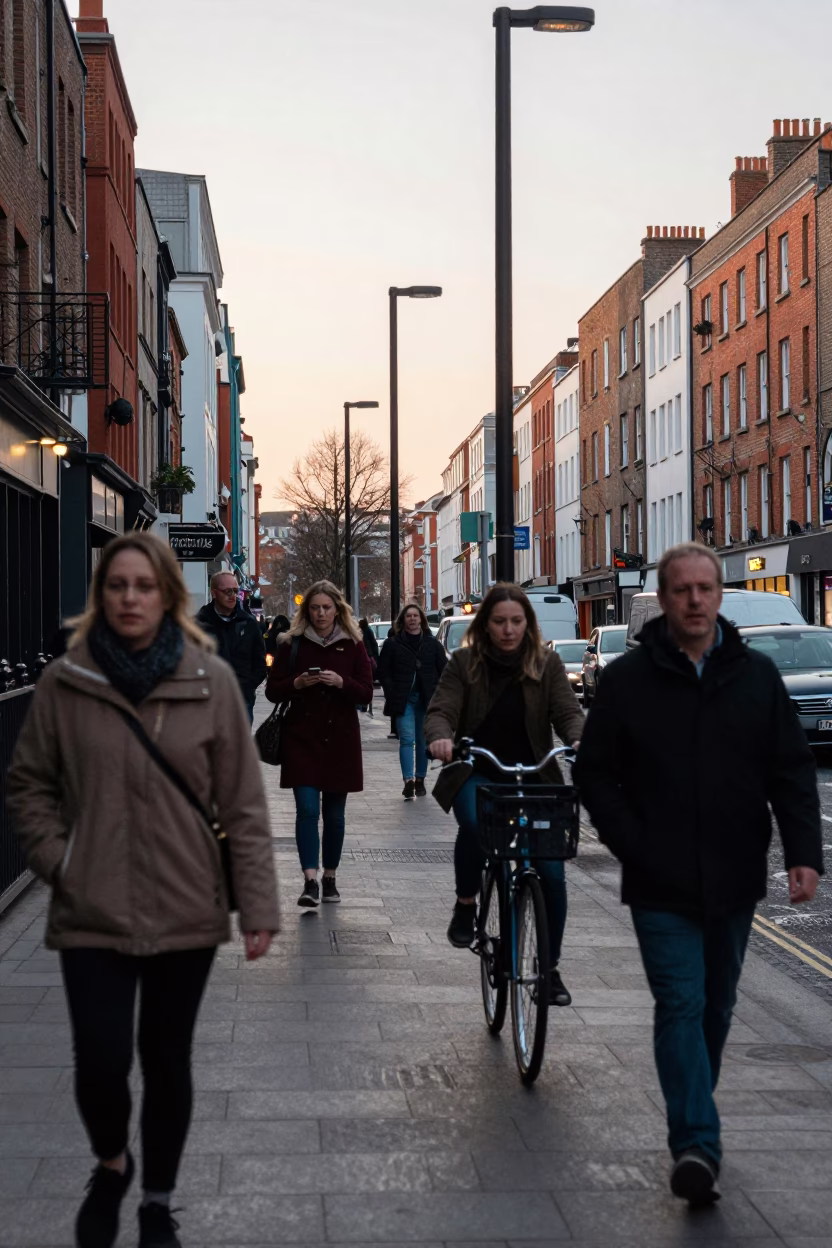 Busy Dublin Street Scene Early Evening with Bicycle and Commuter Train Bridge View in in Dublin, Ireland