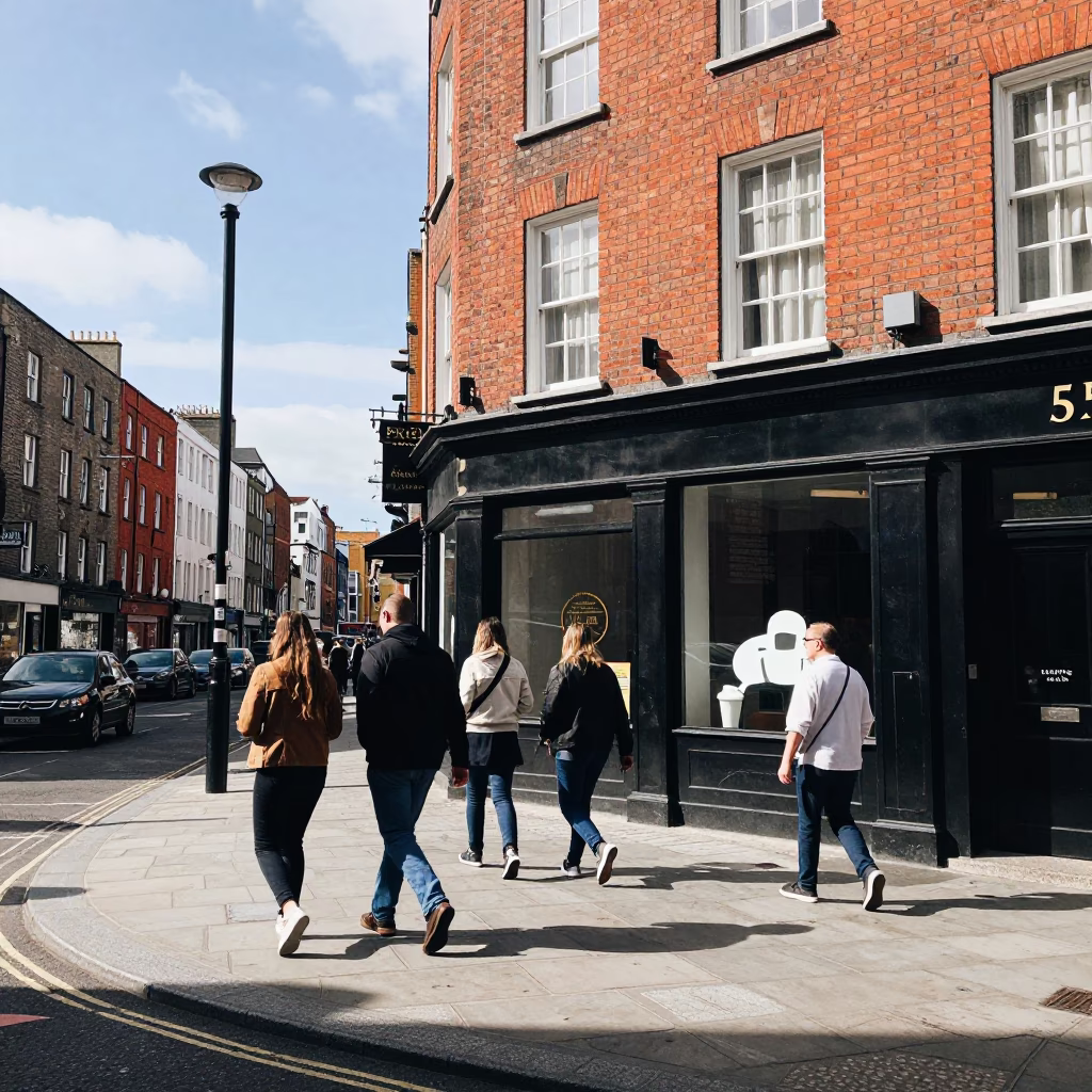 Busy Dublin Street Scene in Bright Midmorning Light with Commuters and Urban Details in in Dublin, Ireland