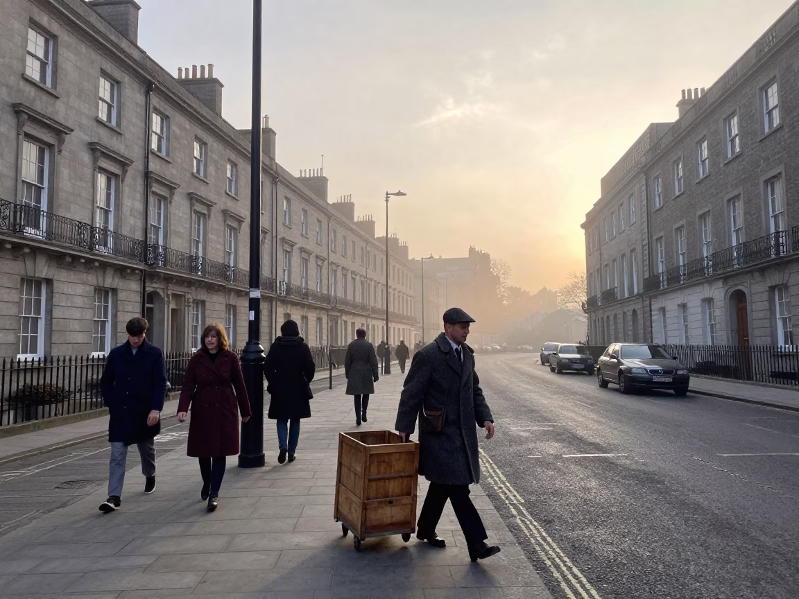 Busy Dublin Street Scene Just After Sunrise with Vintage 1960s Atmosphere in in Dublin, Ireland