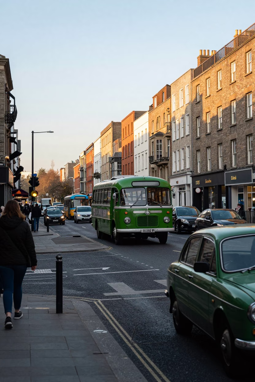 Busy Dublin Street Scene Late Afternoon with Vintage Cars and Traditional Architecture in in Dublin, Ireland