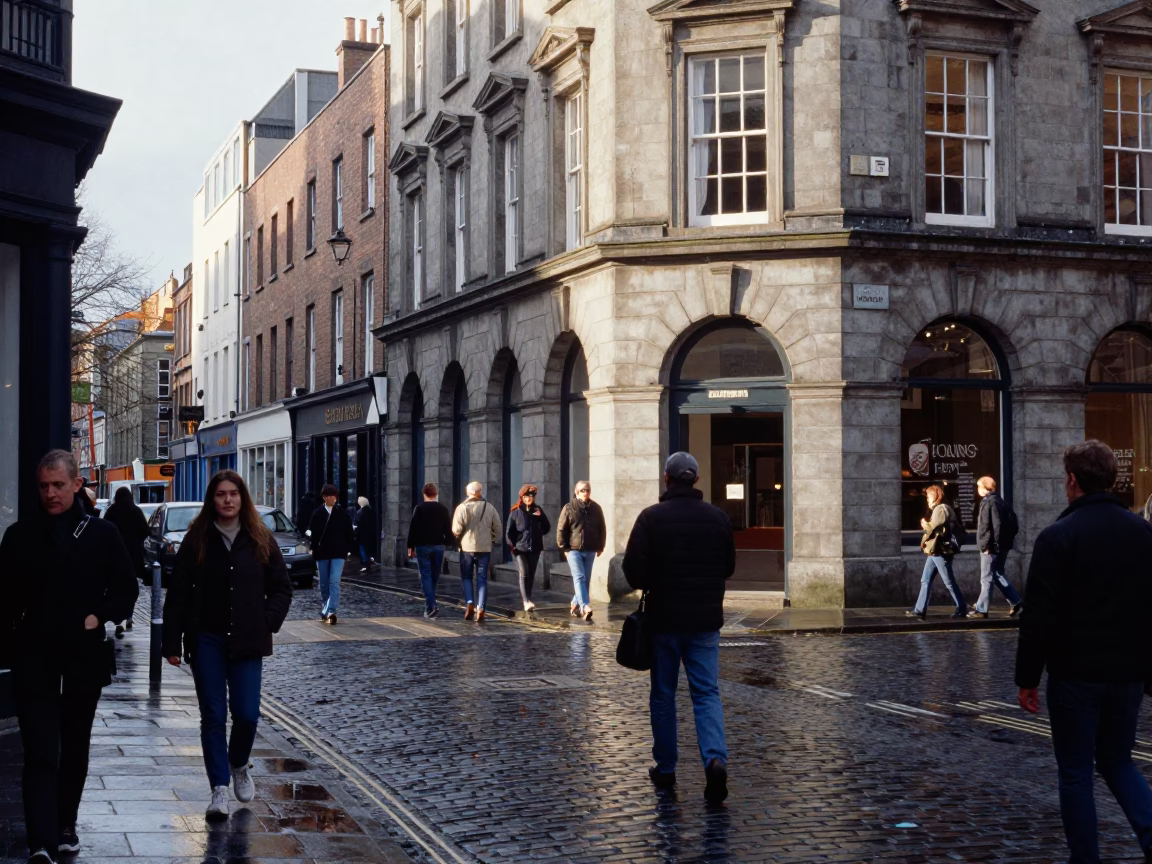Busy Dublin Street Scene Late Morning with Traditional Architecture and Pedestrians in in Dublin, Ireland