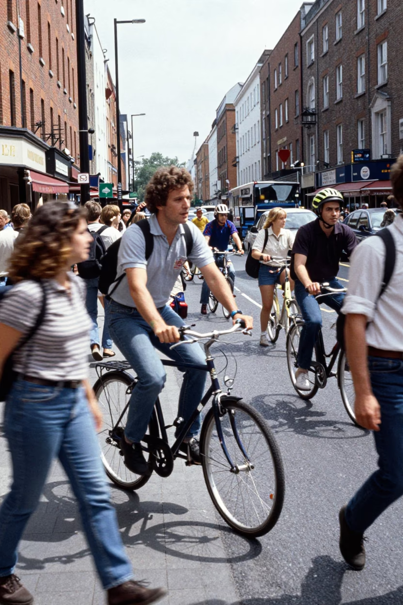Busy Dublin Street Scene Midday 1980s with Bicycle and Umbrellas in in Dublin, Ireland