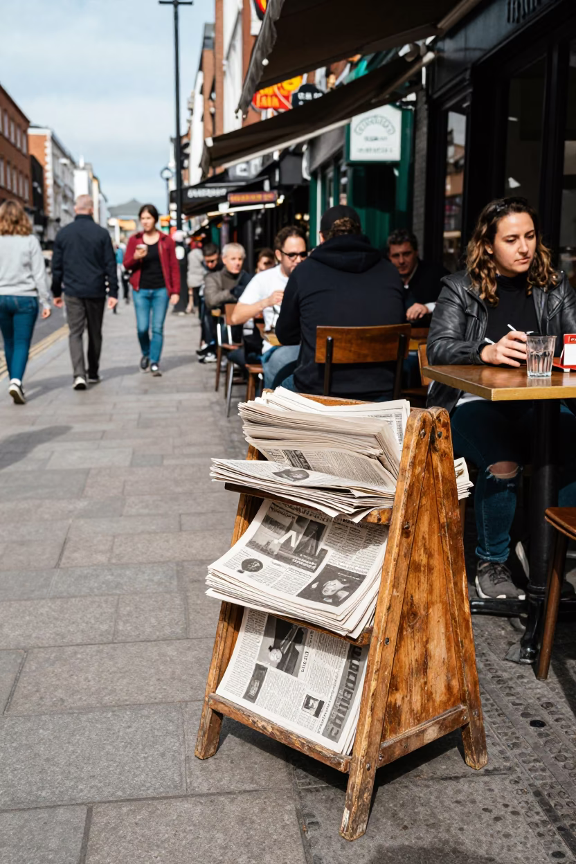 Busy Dublin Street Scene Midday with Glass Tumbler and Magazine Rack in in Dublin, Ireland