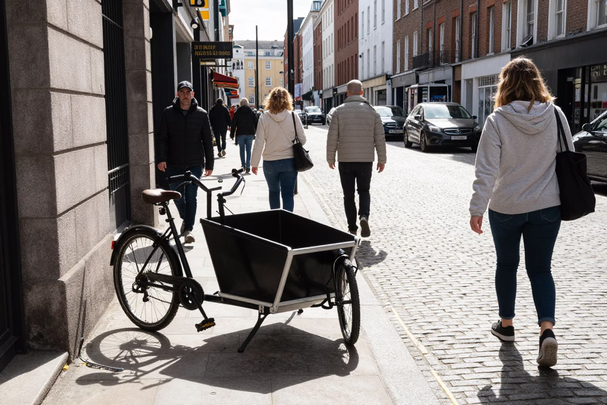 Busy Dublin Street Scene with Cargo Bicycle and Casual Pedestrians at Midday in in Dublin, Ireland