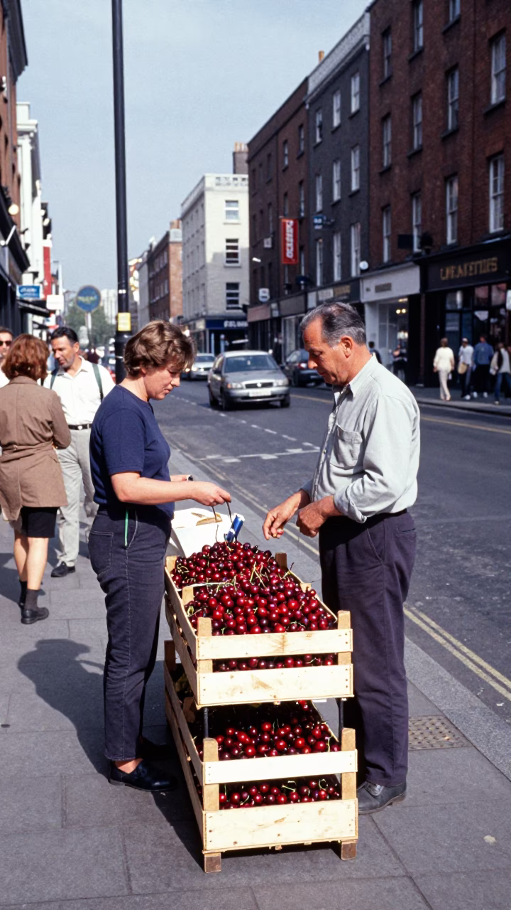 Busy Dublin Street Scene with Cherry Vendor and Peg Basket at Noon in in Dublin, Ireland