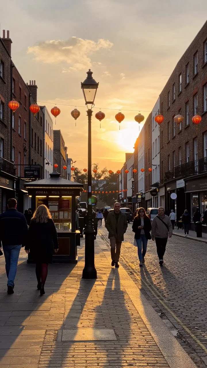 Busy Dublin Street Scene with Lanterns and Evening Light Capturing Local Life in in Dublin, Ireland