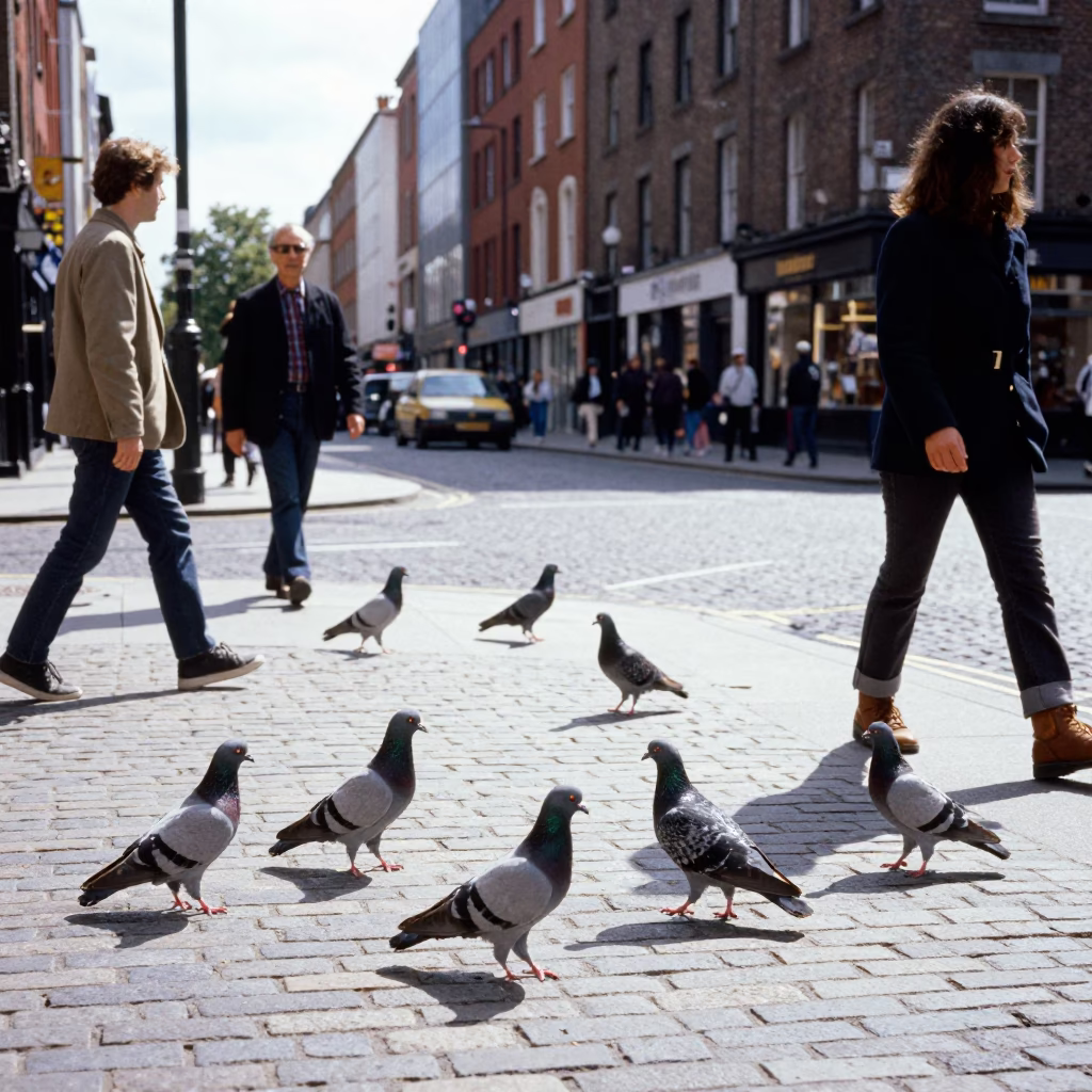 Busy Dublin Street Scene with Pigeons and Vintage 1970s Atmosphere in in Dublin, Ireland