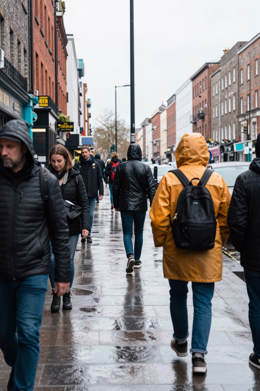 Busy Dublin Street Scene with Raincoats and Urban Details Under Noon Sun in in Dublin, Ireland