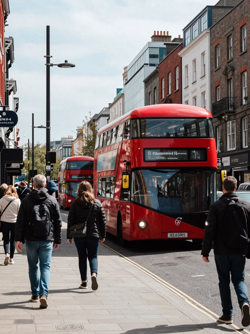 Busy Dublin Street Scene with Red Bus and Pedestrians Under Noon Sun in in Dublin, Ireland