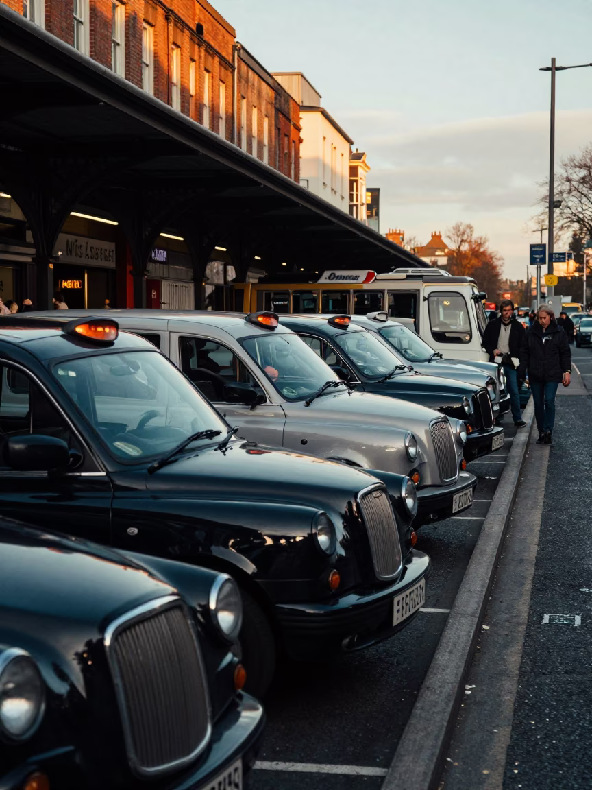 Busy Dublin Taxi Rank Outside Train Station in Late Afternoon 1960s in in Dublin, Ireland