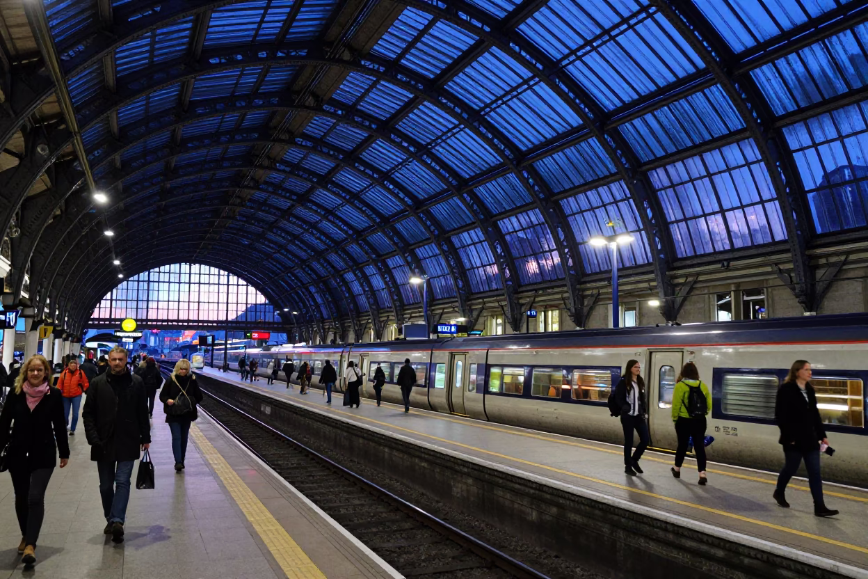 Busy Dublin Train Station Indigo Twilight Commuters Glass Steel Arched Roof in in Dublin, Ireland
