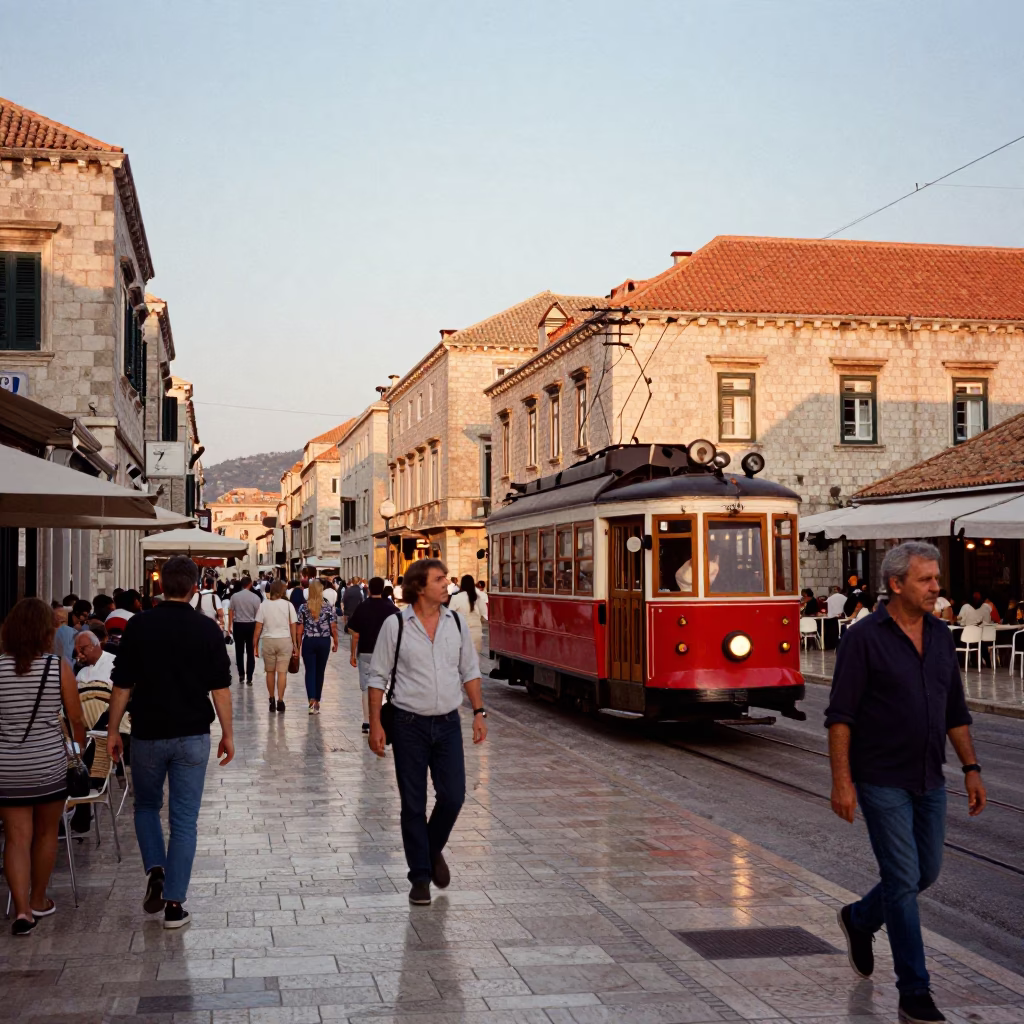 Busy Dubrovnik Evening Street Scene with Heritage Tram and Tourists in Honeyed Light in in Dubrovnik, Croatia