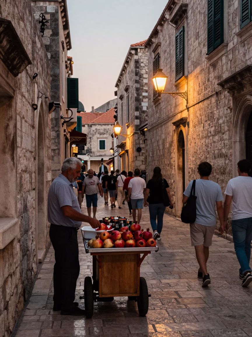 Busy Dubrovnik Evening Street Scene with Pomegranate Vendor and Historic Stone Architecture in in Dubrovnik, Croatia