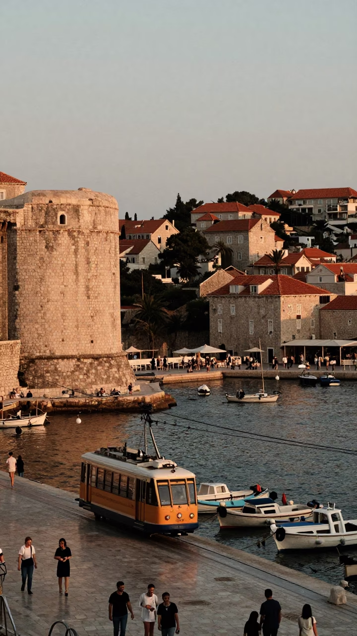 Busy Dubrovnik Harbor Evening with Cable Car and Local Market Activity in in Dubrovnik, Croatia