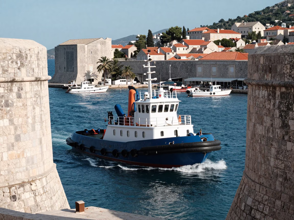 Busy Dubrovnik Harbor Tugboat and Stone Walls in Late Afternoon Light in in Dubrovnik, Croatia