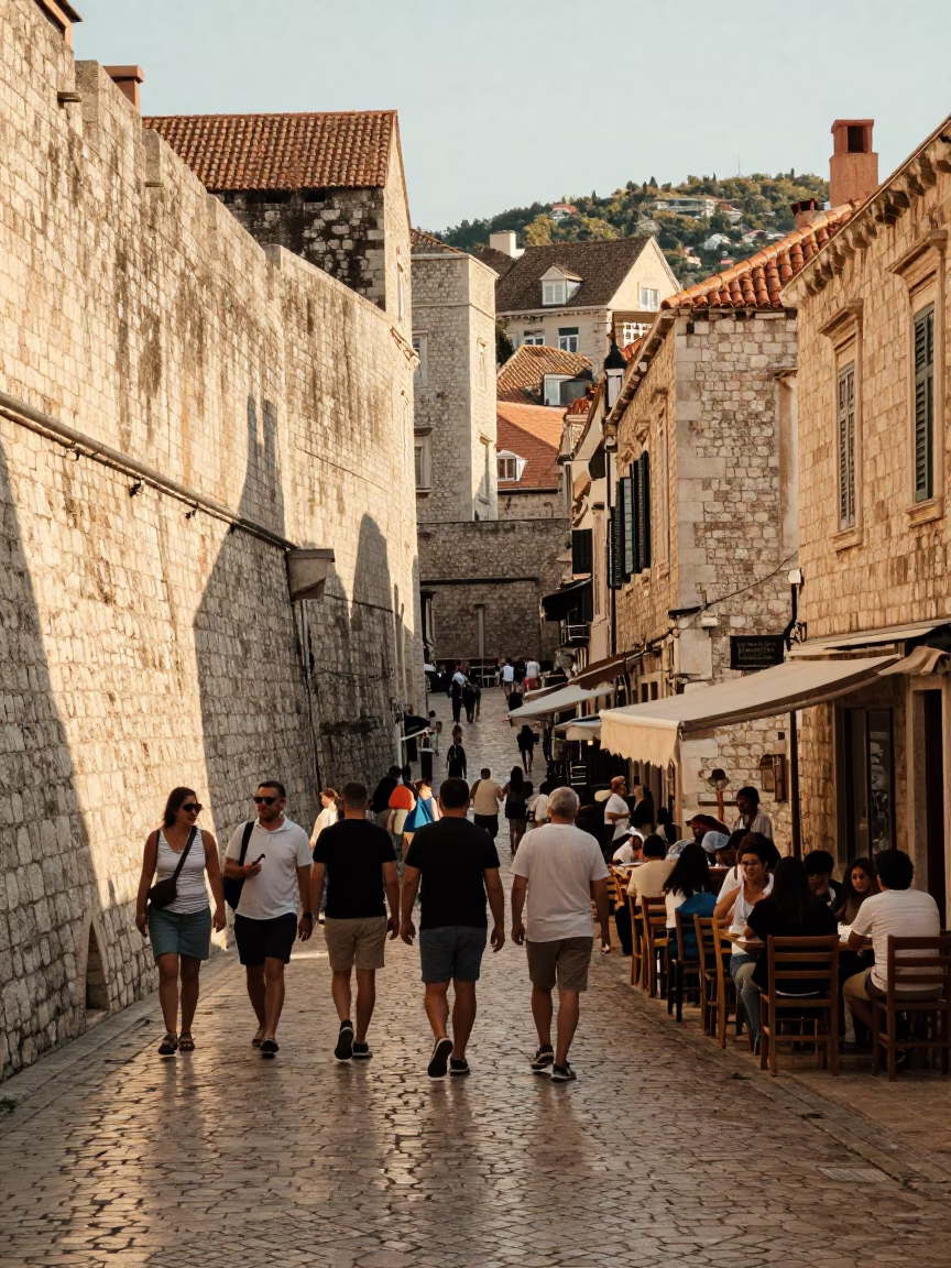 Busy Dubrovnik Late Afternoon Street Scene with Stone Walls and Local Life in in Dubrovnik, Croatia