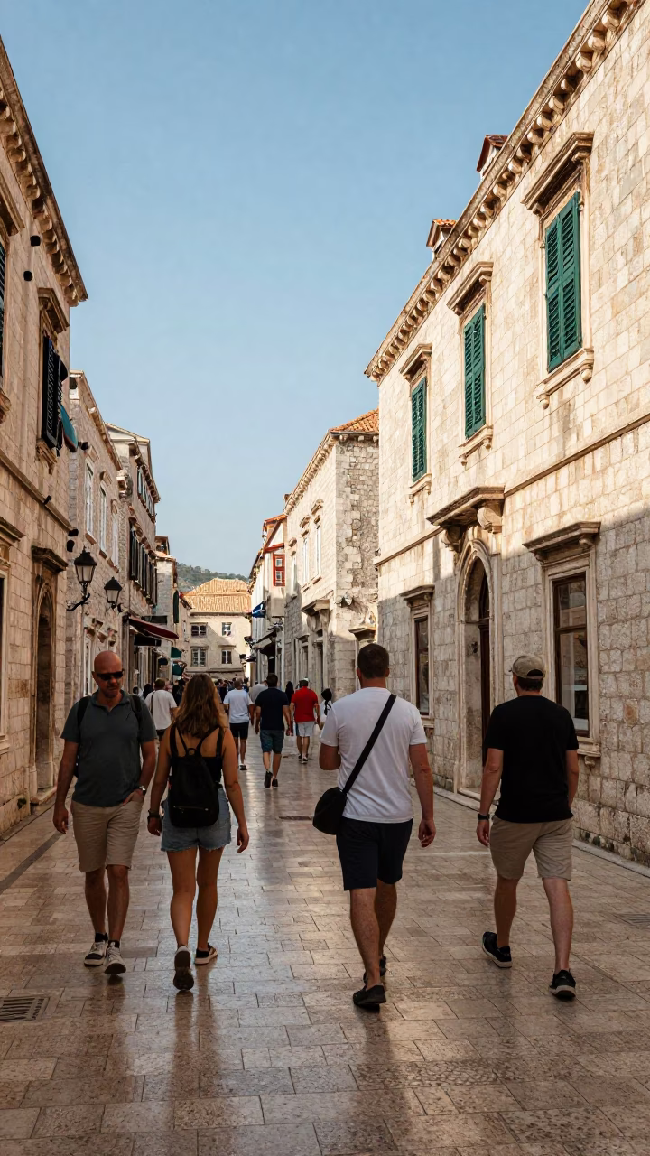 Busy Dubrovnik Old Town Street Scene with Tourists and Traditional Stone Architecture in in Dubrovnik, Croatia