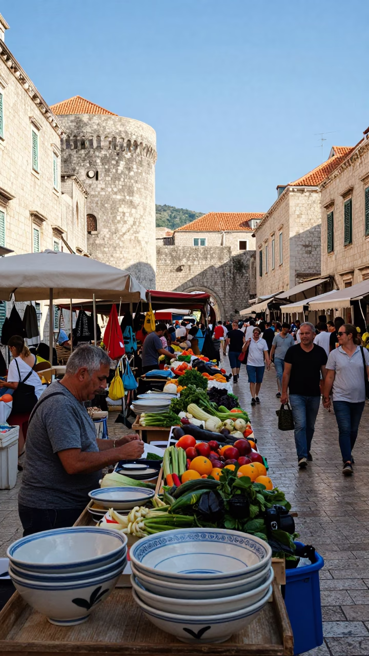 Busy Dubrovnik Street Market Late Morning with Ceramic Bowl and Mangoes in in Dubrovnik, Croatia