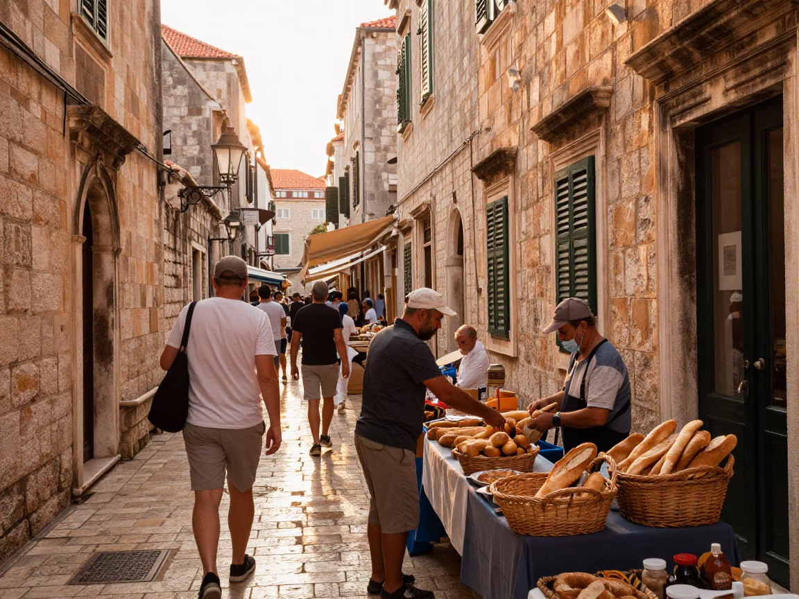Busy Dubrovnik Street Scene After Sunrise with Local Market Activity and Historic Architecture in in Dubrovnik, Croatia