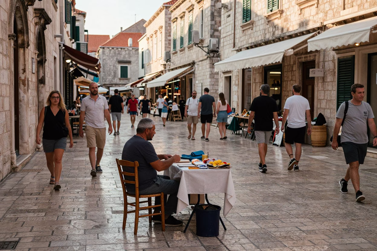 Busy Dubrovnik Street Scene Early Afternoon with Local Vendor and Spindle Chair in in Dubrovnik, Croatia
