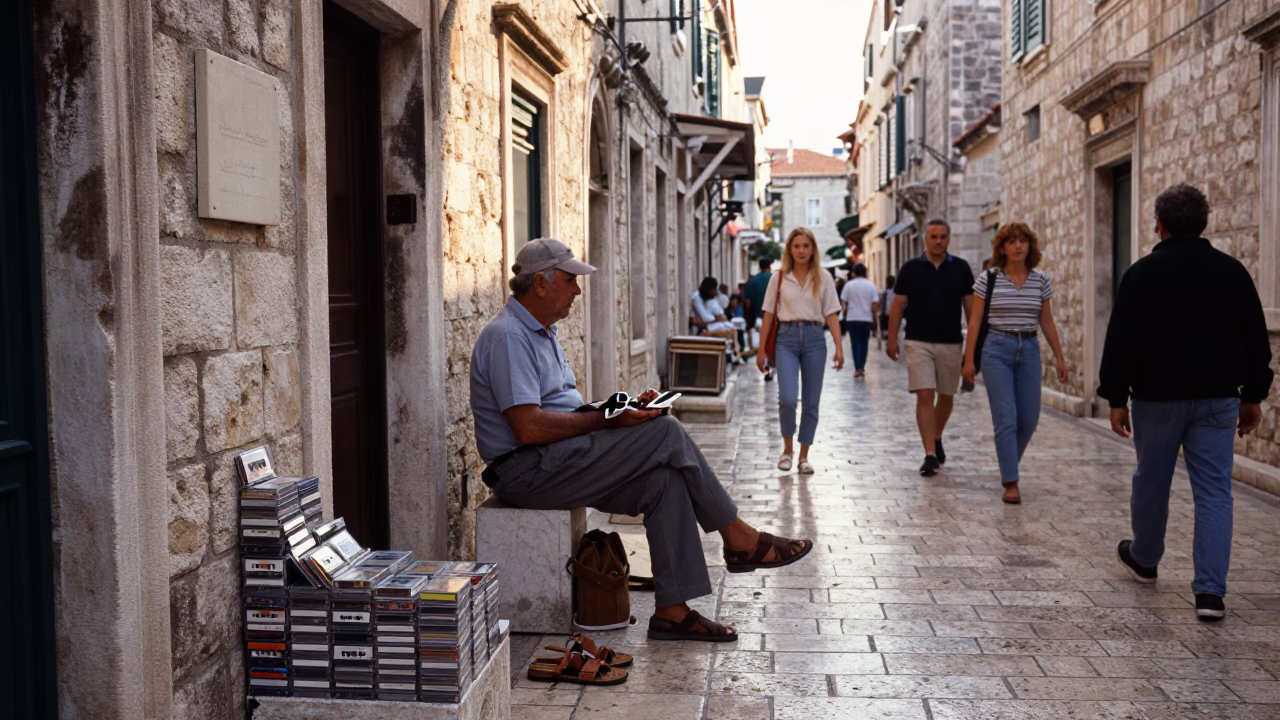 Busy Dubrovnik Street Scene Just After Sunrise with Local Vendor and Cassette Tapes in in Dubrovnik, Croatia