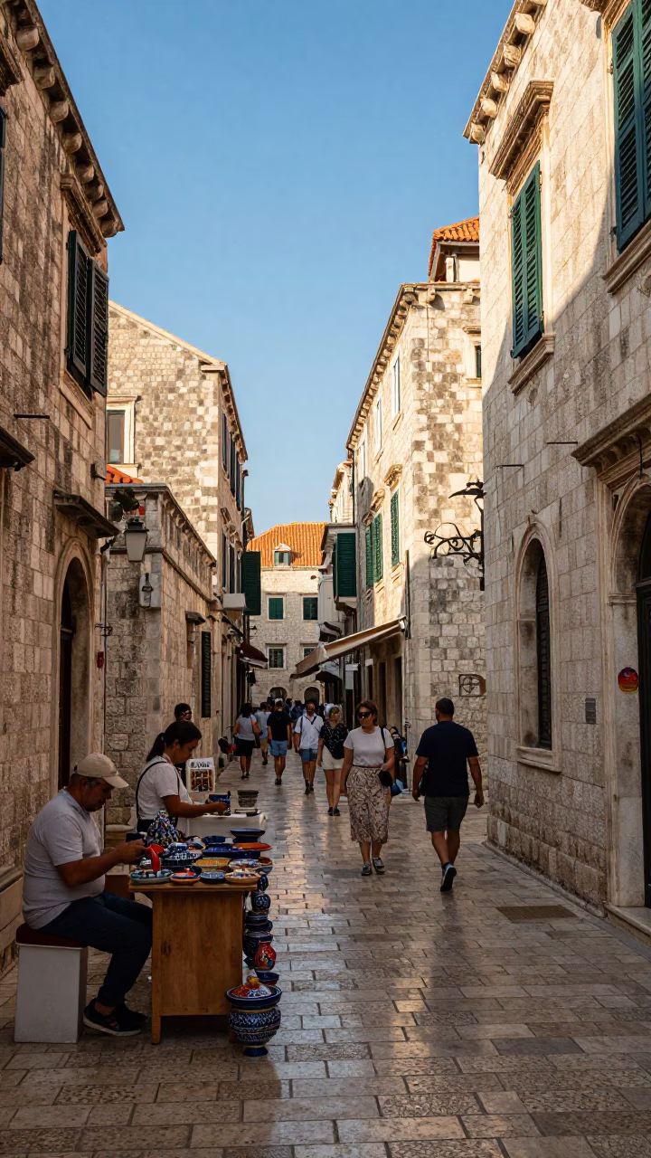 Busy Dubrovnik Street Scene Late Afternoon Light with Local Life in in Dubrovnik, Croatia
