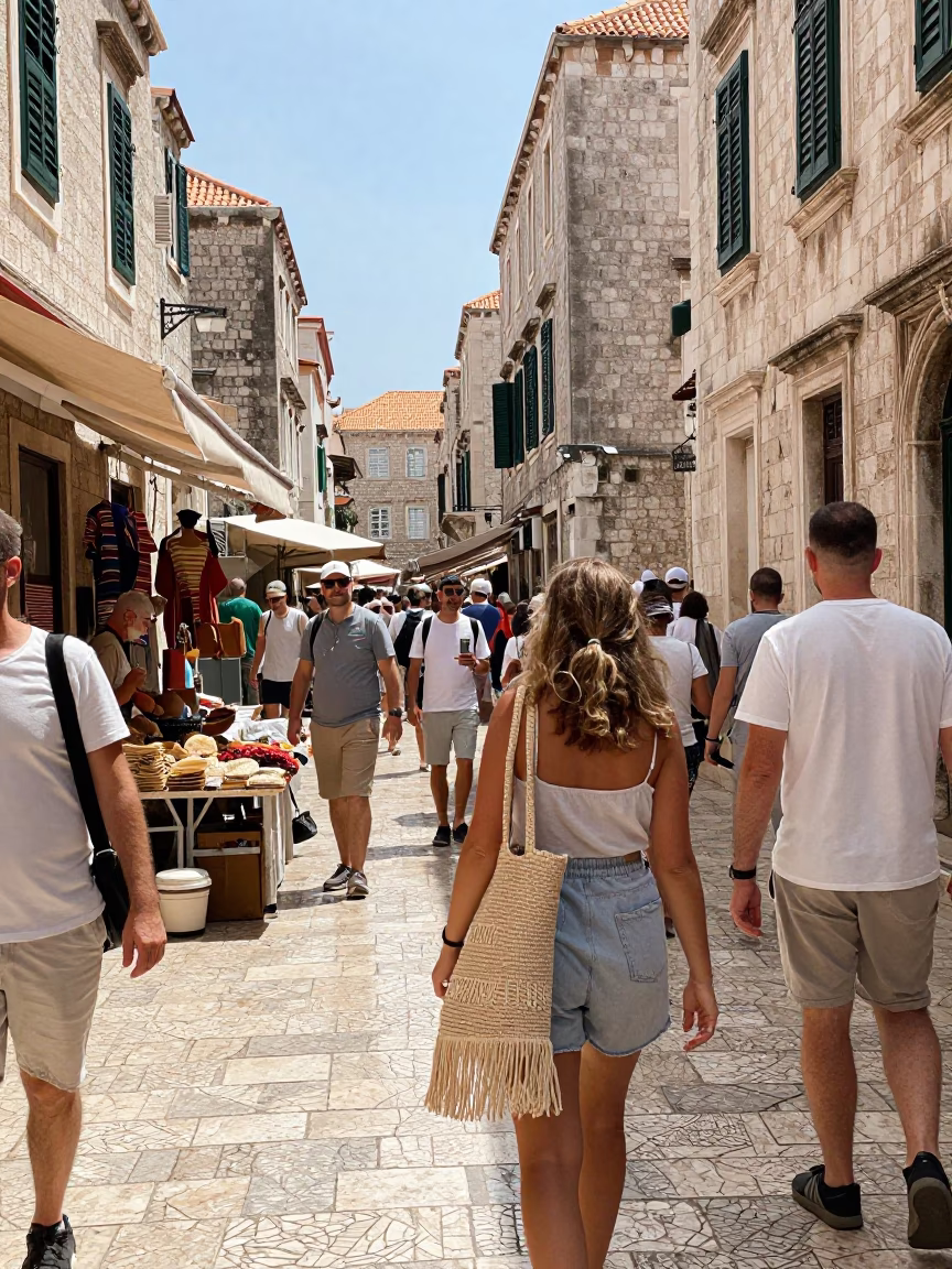 Busy Dubrovnik Street Scene Under Noon Sun with Linen Fringe Detail in in Dubrovnik, Croatia