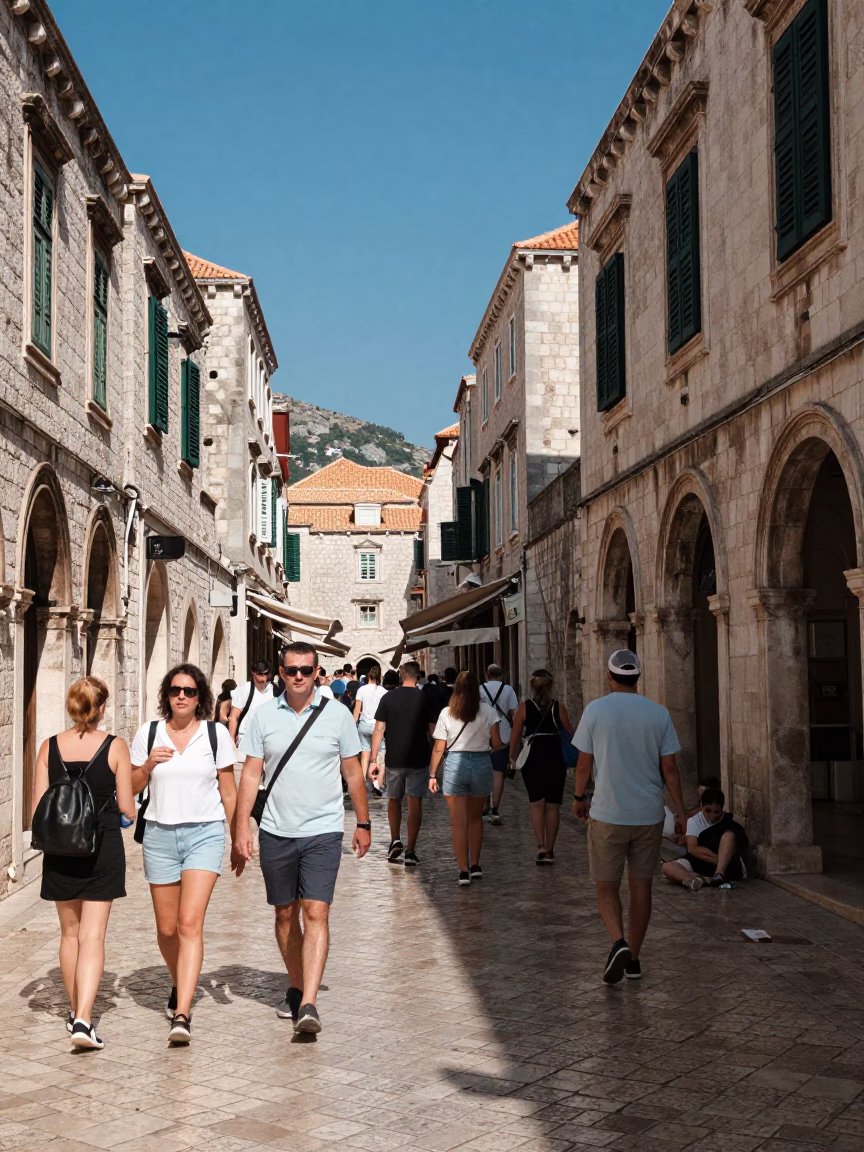 Busy Dubrovnik Street Scene Under Noon Sun with Tourists and Local Life in in Dubrovnik, Croatia