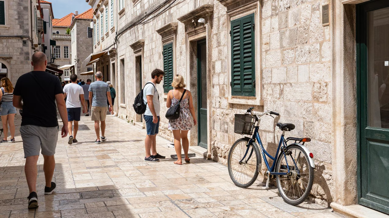 Busy Dubrovnik Street Scene with Bicycle and Local Interaction Under Noon Sun in in Dubrovnik, Croatia