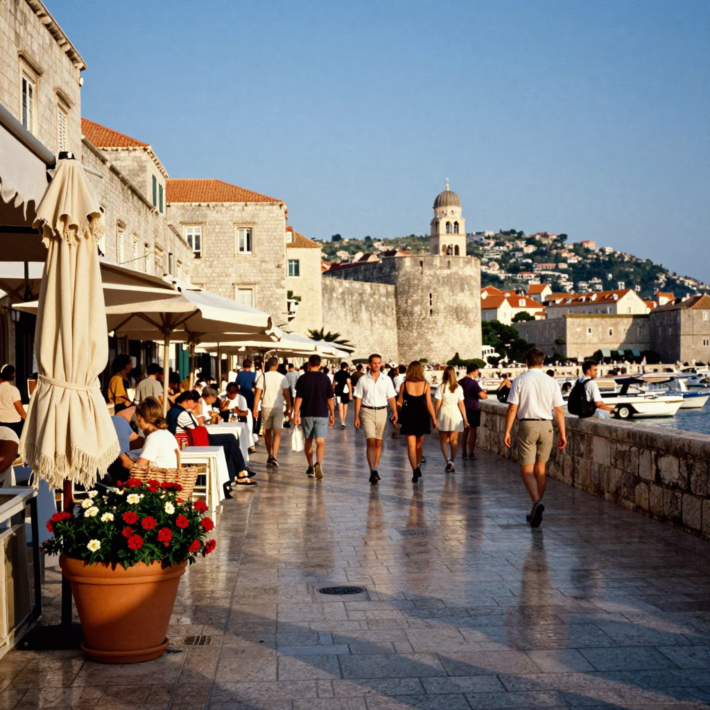 Busy Dubrovnik Street Scene with Linen Fringe and Flowerpot in Late Afternoon Light in in Dubrovnik, Croatia