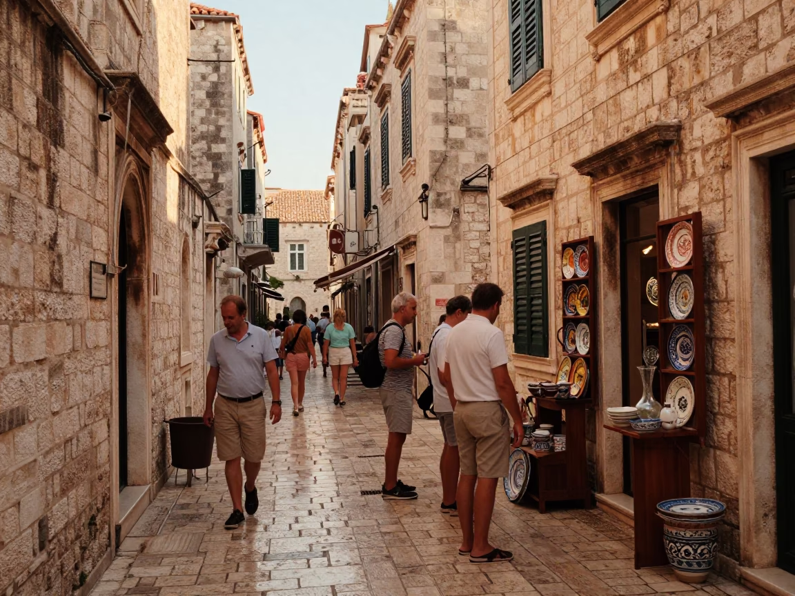 Busy Dubrovnik street scene with locals and traditional stone architecture in honeyed evening light in in Dubrovnik, Croatia