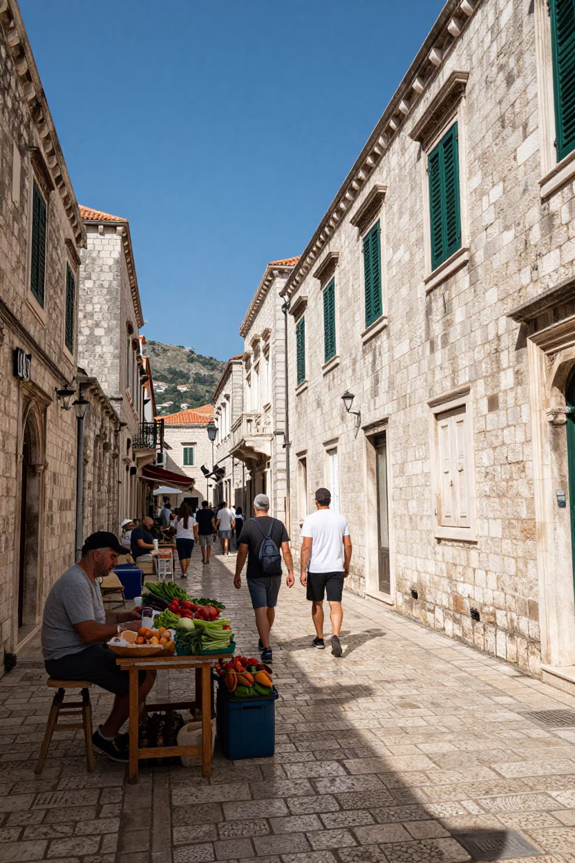 Busy Dubrovnik Street Scene with Stone Walls and Local Market Activity in in Dubrovnik, Croatia
