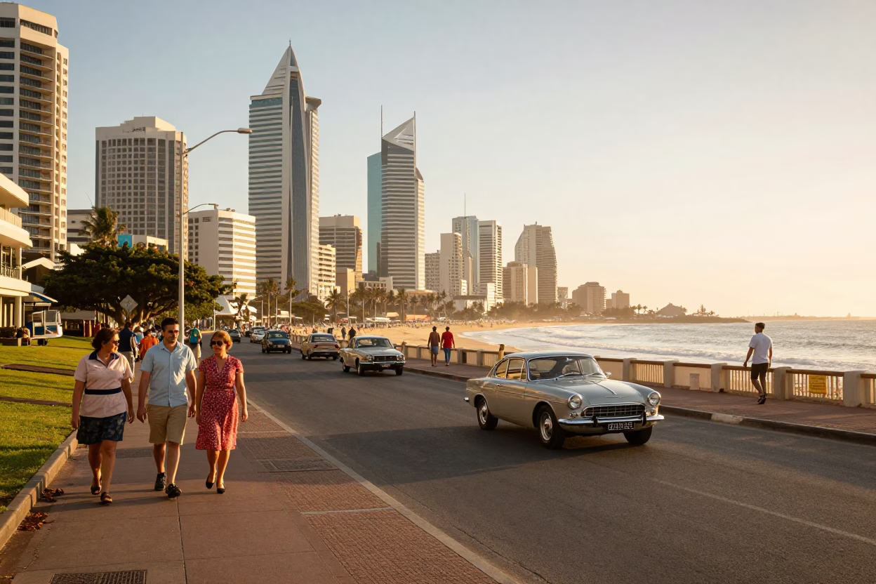 Busy Durban Beachfront Promenade Morning Street Scene with Vintage Cars and Coastal Activity in in Durban, South Africa