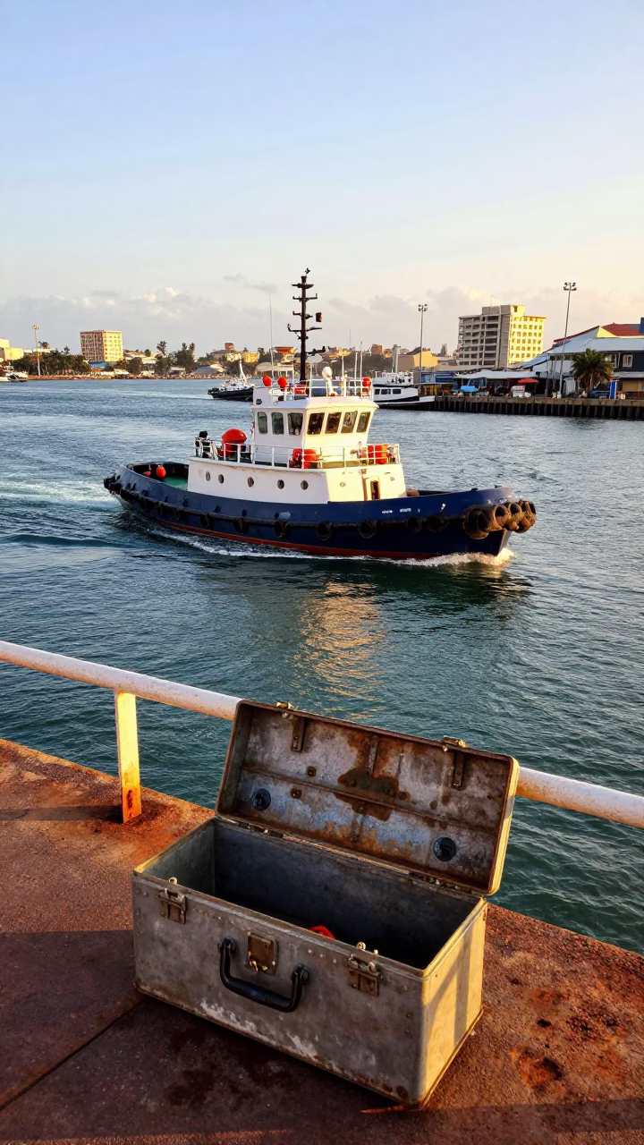 Busy Durban Harbor Late Afternoon Tugboat and Toolbox Near Indian Ocean Coast in in Durban, South Africa