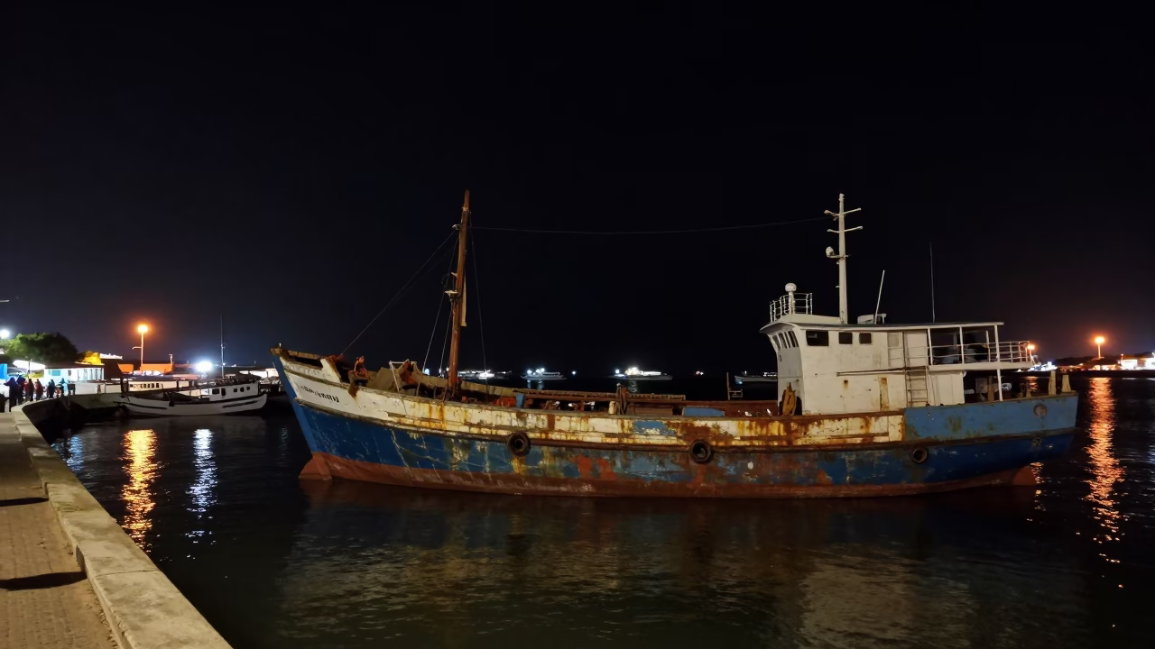 Busy Durban Harbor Night Scene with Junk Boat and Local Street Activity in in Durban, South Africa