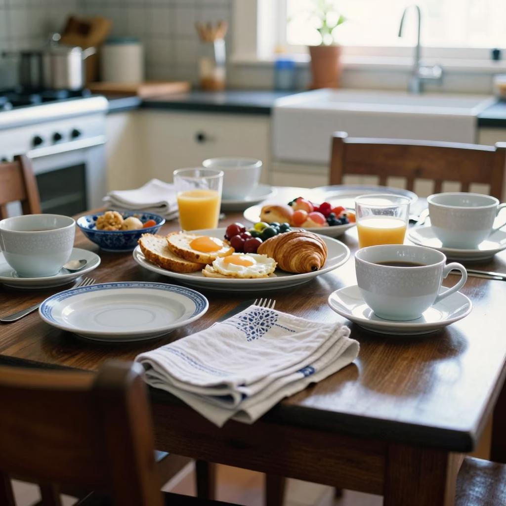 Busy Durban Kitchen Table with Blue White Porcelain and Linen Cloth in in Durban, South Africa