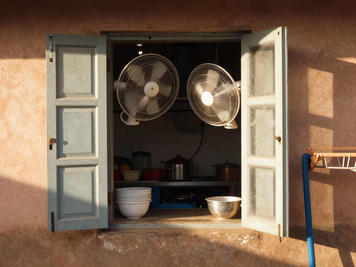 Busy Durban Kitchen Window with Drying Rack and Hose Nozzle in in Durban, South Africa