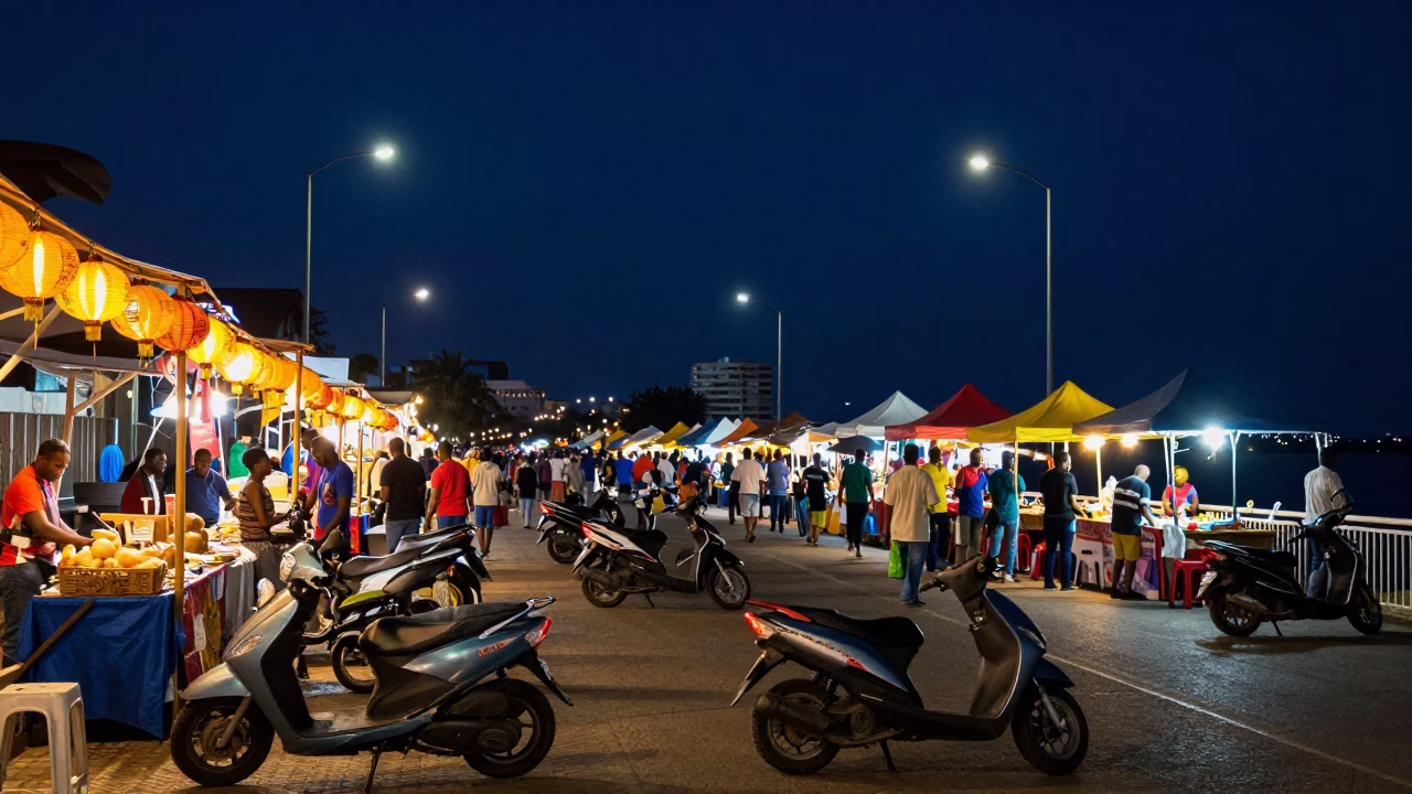 Busy Durban Night Market Scene with Lanterns and Scooters Under Deep Night Sky in in Durban, South Africa