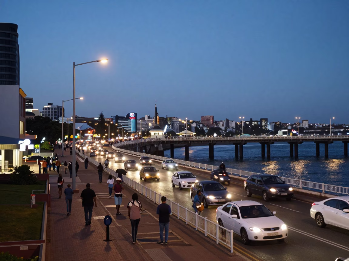Busy Durban South Africa street scene at dusk with bridge pier and city lights in in Durban, South Africa