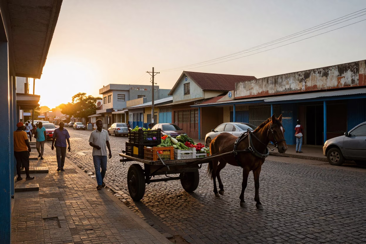 Busy Durban South Africa Sunset Street Scene with Vintage Cart and Local Market Activity in in Durban, South Africa