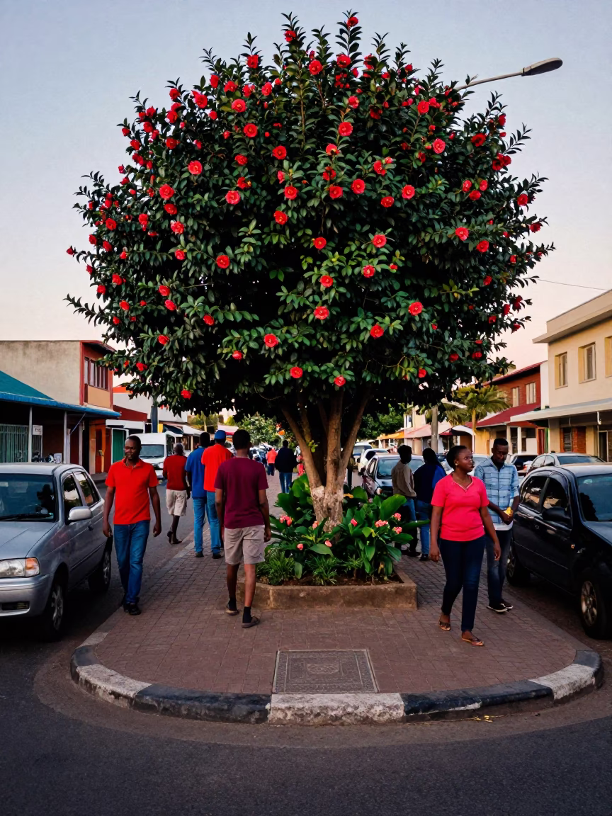 Busy Durban Street Corner at Early Evening with Camellia Shrub and Toolbox in in Durban, South Africa