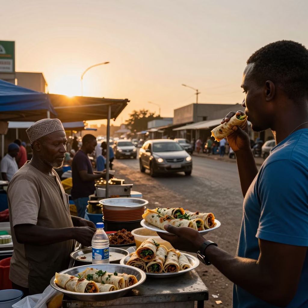 Busy Durban street corner at sunset with food vendors and local interaction in in Durban, South Africa