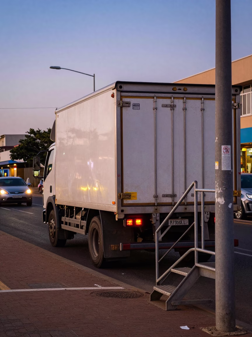 Busy Durban Street Corner Early Evening with Truck and Stair Rail in in Durban, South Africa
