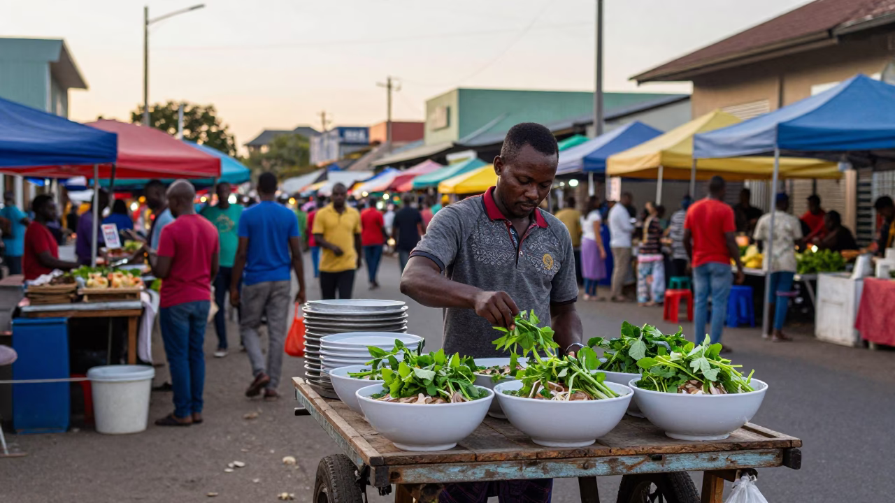 Busy Durban Street Corner Evening Market Scene with Local Vendors and Commuters in in Durban, South Africa