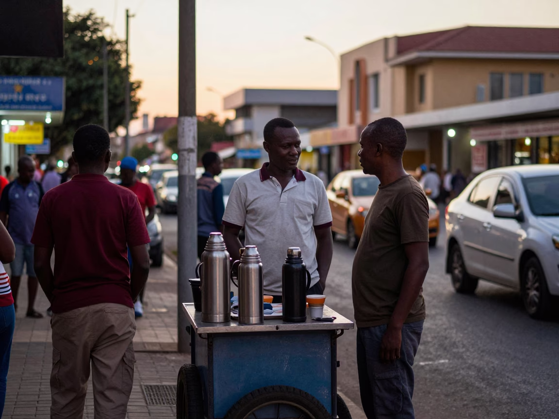 Busy Durban Street Corner Evening Scene with Thermos and Local Interaction in in Durban, South Africa