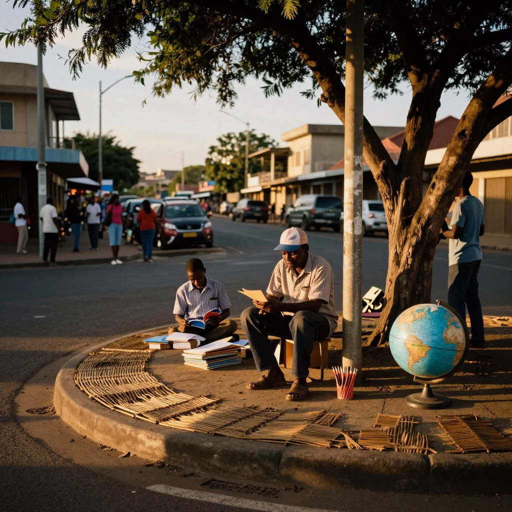 Busy Durban Street Corner Evening with Wicker Shadows and Classroom Globe in in Durban, South Africa