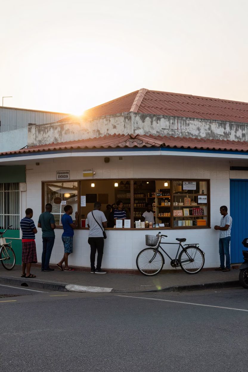 Busy Durban Street Corner Just After Sunrise with Bicycle and Bakery in in Durban, South Africa