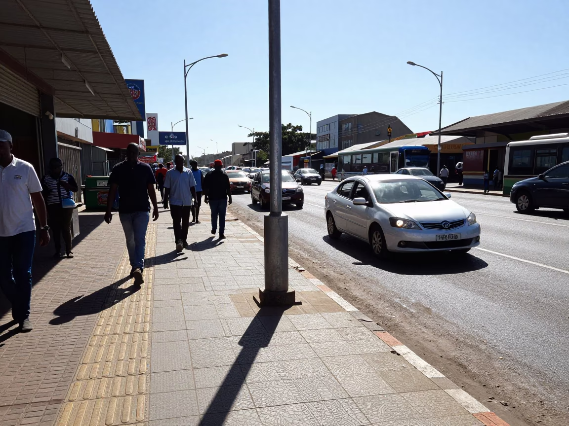 Busy Durban street corner under noon glare with metal bucket and local commerce in in Durban, South Africa