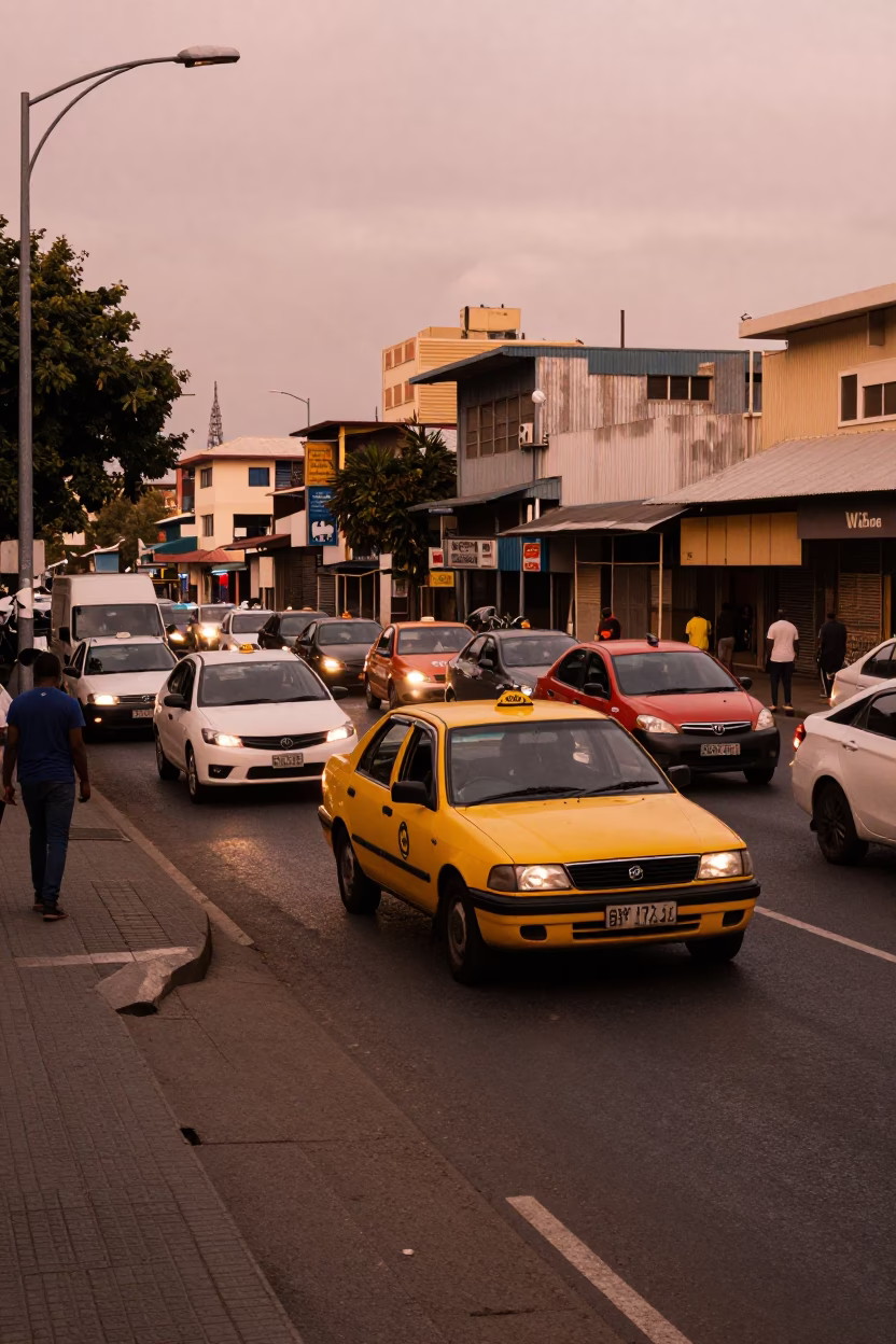 Busy Durban Street Corner with Yellow Taxi and Concrete Viaduct in Copper Dusk Light in in Durban, South Africa